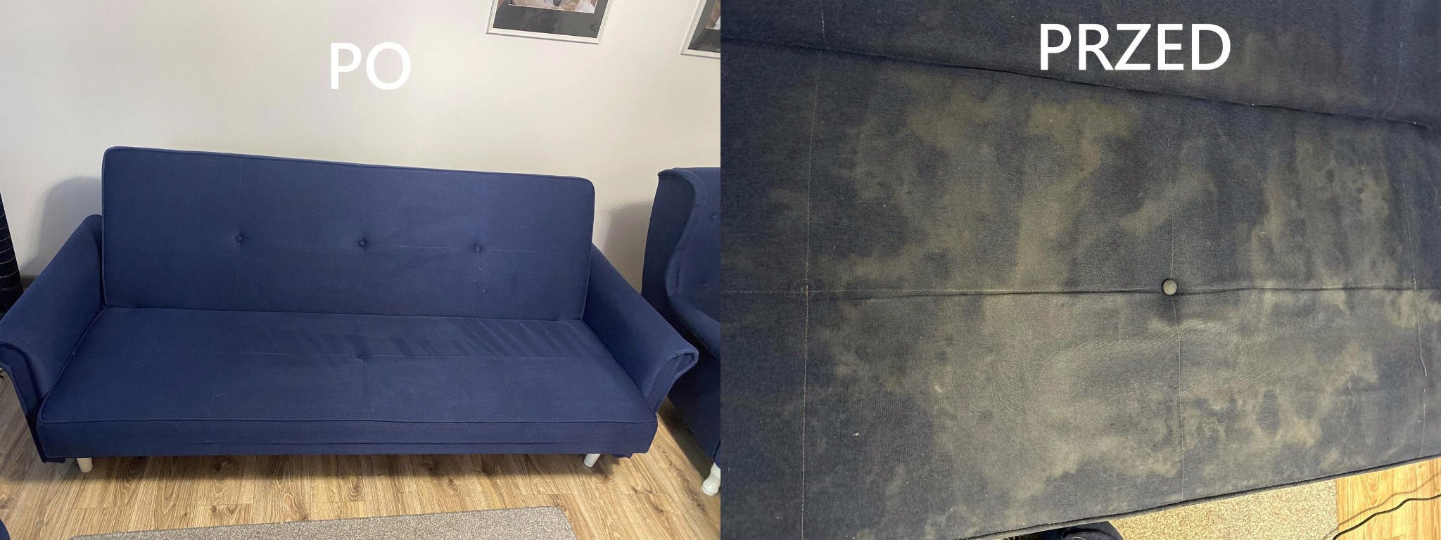 Zdjęcie przedstawia sofę obitą granatowym materiałem w dwóch ujęciach: po lewej stronie sofa po czyszczeniu, po prawej stronie sofa z widocznymi plamami i zabrudzeniami przed czyszczeniem.