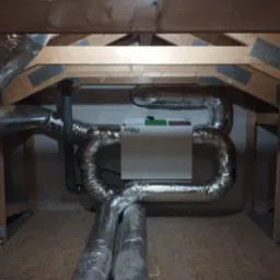 Centrala wentylacyjna WANAS z widocznymi przewodami wentylacyjnymi w izolacji aluminiowej, zainstalowana na poddaszu z drewnianą konstrukcją dachu i oświetleniem.