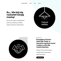 Bumedia Jakub Jabłoński - Projekt strony internetowej z hasłem 'Bu... Nie bój się, rozświetl Swoją markę!' oraz grafiką żarówki i uścisku dłoni w czarnych okręgach na jasnym tle.