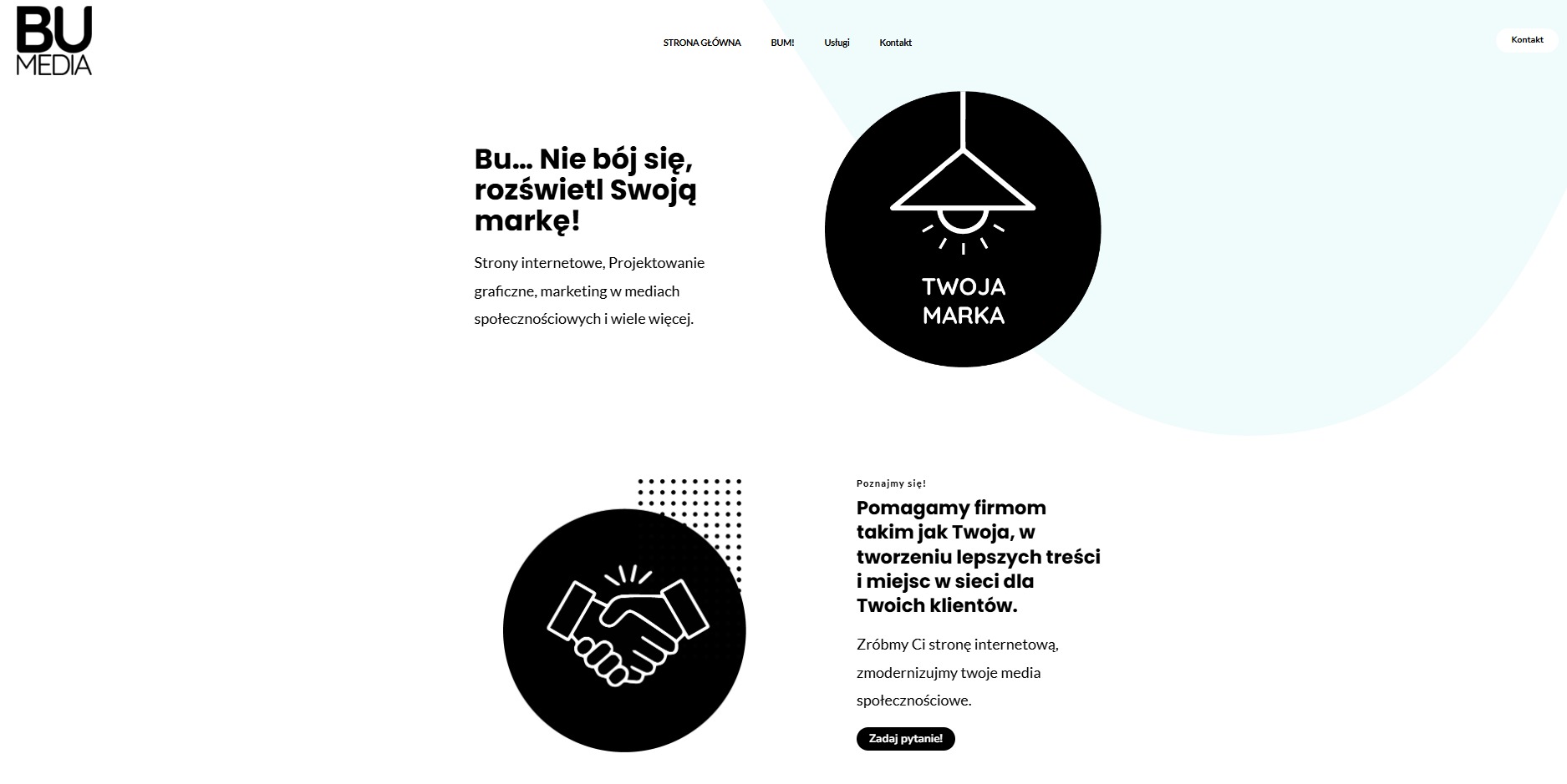 Projekt strony internetowej z hasłem 'Bu... Nie bój się, rozświetl Swoją markę!' oraz grafiką żarówki i uścisku dłoni w czarnych okręgach na jasnym tle.