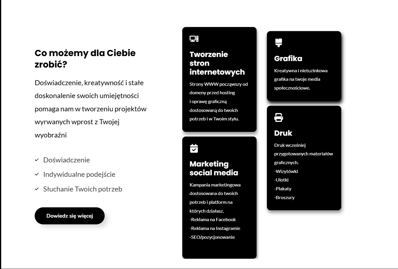 Oferta usług firmy z zakresu tworzenia stron internetowych, grafiki, marketingu w mediach społecznościowych i druku, przedstawiona za pomocą czarnych bloków tekstowych na białym tle.