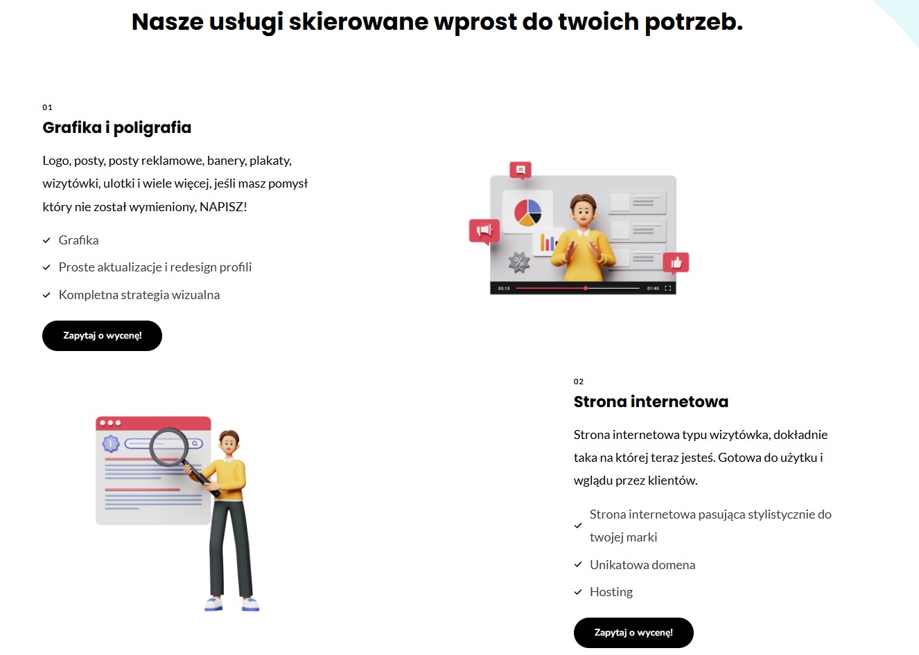 Ilustracje 3D prezentujące usługi graficzne i tworzenia stron internetowych: postać prezentująca wykresy na ekranie oraz postać analizująca zawartość strony internetowej za pomocą lupy.