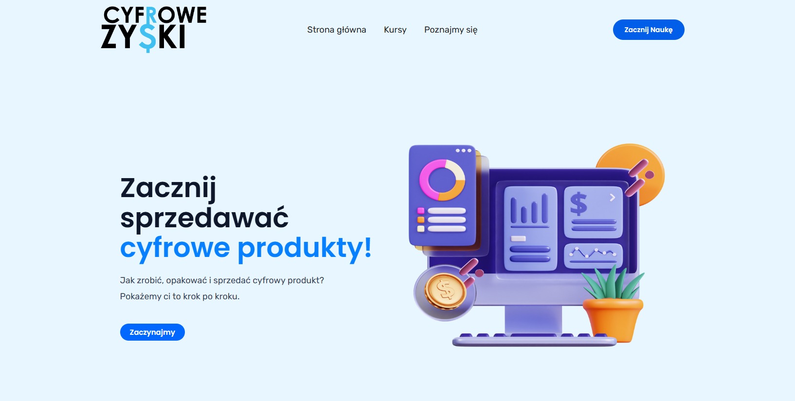 Strona internetowa z grafiką 3D przedstawiającą monitor z wykresami, monetą i rośliną w doniczce, promująca sprzedaż cyfrowych produktów.