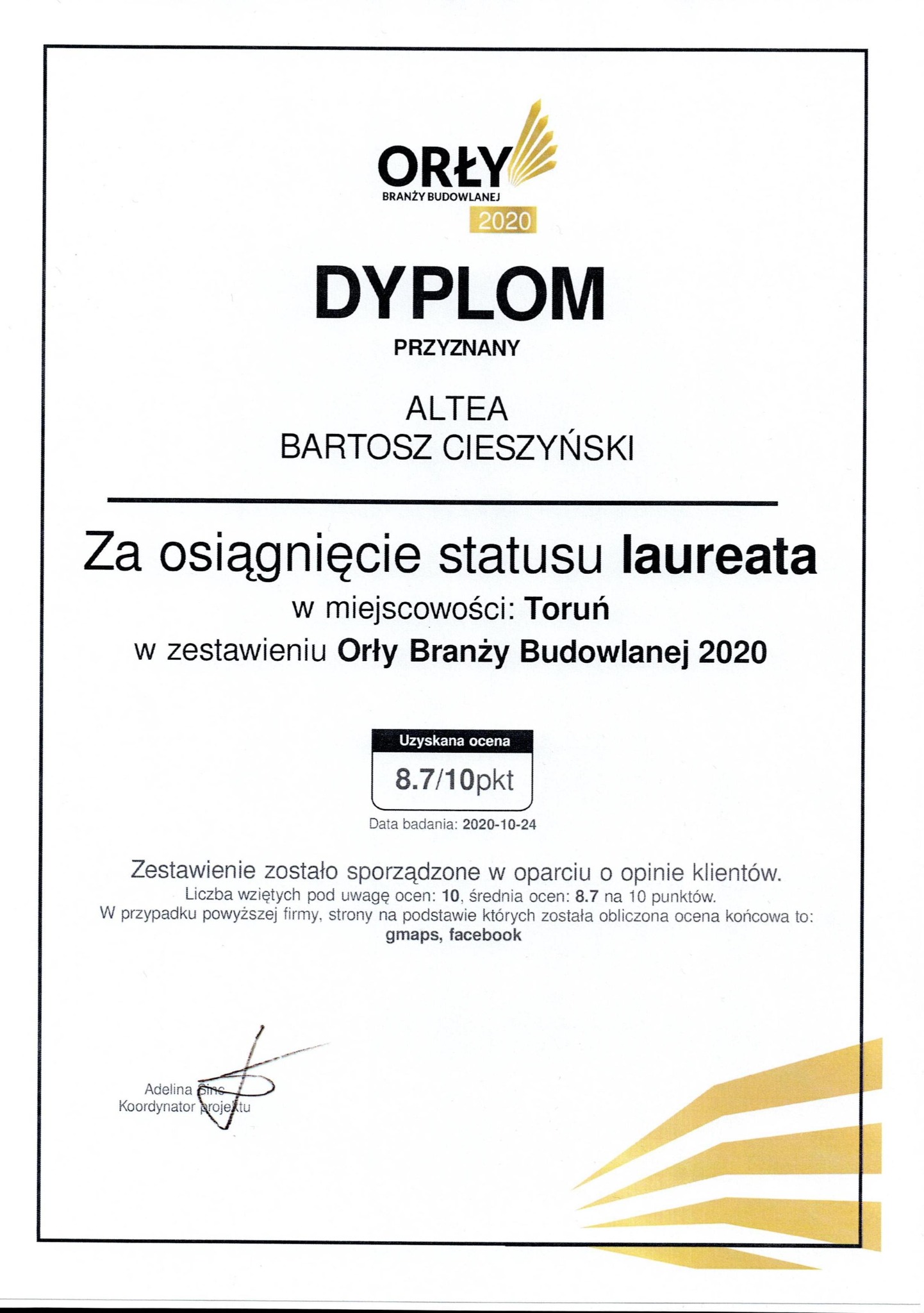 Dyplom dla firmy Altea Bartosz Cieszyński za osiągnięcie statusu laureata w zestawieniu Orły Branży Budowlanej 2020, z oceną 8.7/10, sporządzony w oparciu o opinie klientów.
