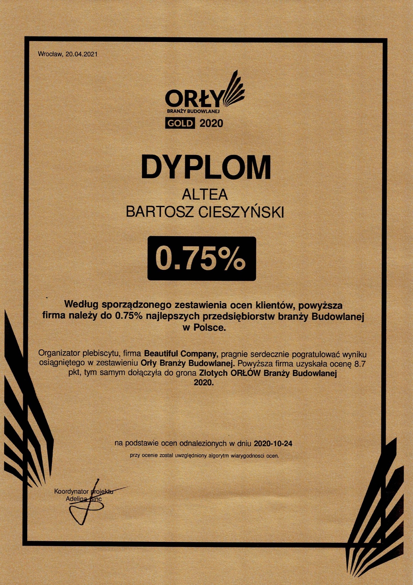 Dyplom 'Orły Branży Budowlanej GOLD 2020' dla firmy Altea Bartosz Cieszyński z Torunia, potwierdzający przynależność do 0.75% najlepszych przedsiębiorstw budowlanych w Polsce.