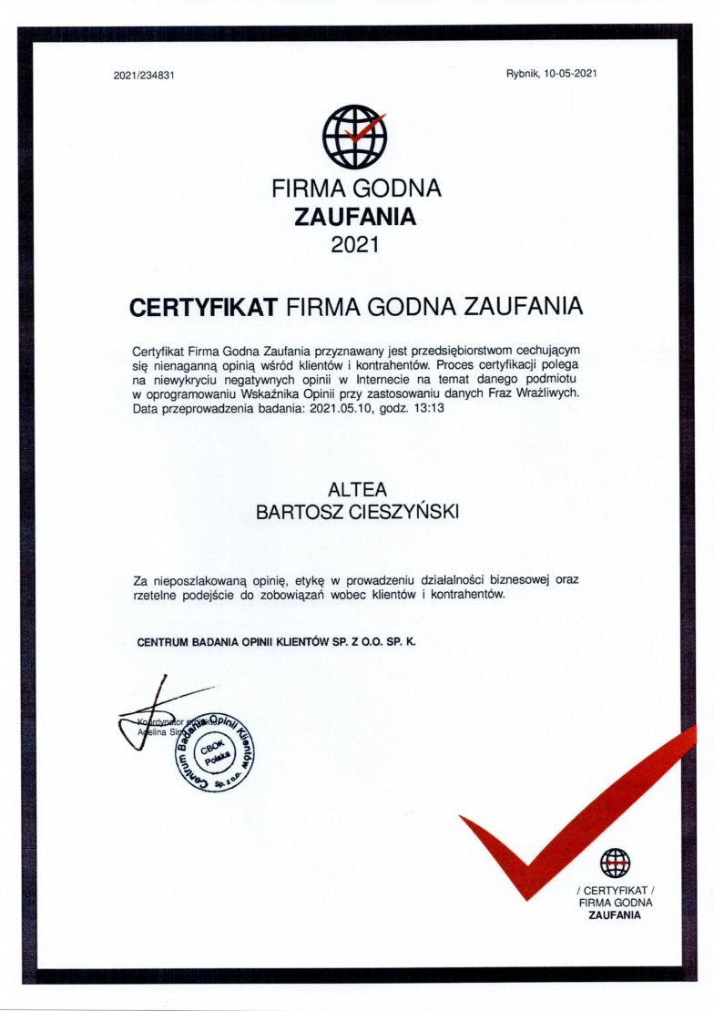 Skan certyfikatu 'Firma Godna Zaufania 2021' przyznanego firmie ALTEA Bartosz Cieszyński, z datą badania 2021.05.10, sygnowany pieczęcią Centrum Badania Opinii Klientów.