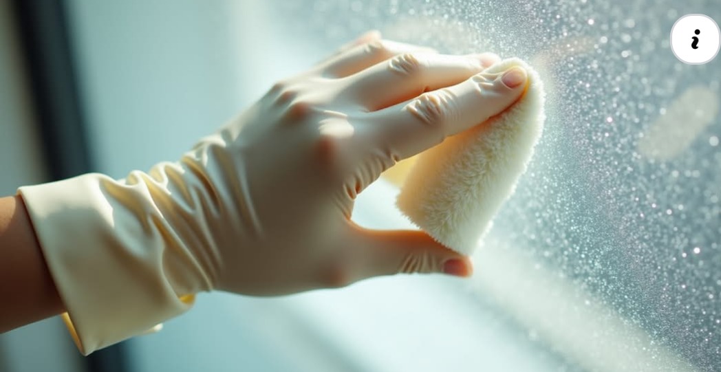 Dłoń w rękawicy czyści okno szmatką w Łowiczu. Widoczne krople wody na szybie. Delikatne oświetlenie.