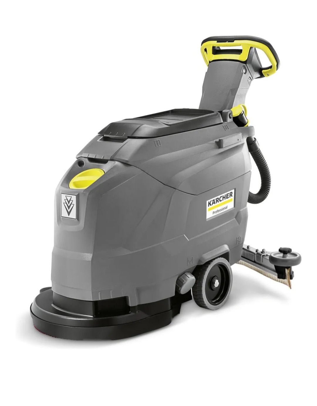 Profesjonalna szorowarka Karcher do podłóg, szaro-żółta, na białym tle. Idealna do sprzątania biur i powierzchni komercyjnych. Widoczna szczotka i panel sterowania.