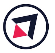 Grafika wektorowa przedstawiająca stylizowaną strzałkę w kolorze granatowym i czerwonym, umieszczoną w okręgu z granatową obwódką na białym tle. Strzałka skierowana w prawy górny róg.