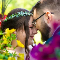 Uśmiechnięta para młoda, panna młoda w wianku z kwiatów i długich kolczykach, delikatnie dotykają się czołami, otoczeni kolorowymi kwiatami w słoneczny dzień.