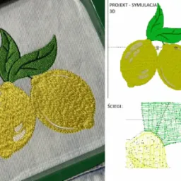 Dwa cytryny z zielonymi listkami, wyhaftowane żółtą nicią na jasnoniebieskim materiale, obok wizualizacja 3D projektu i schemat ściegów.