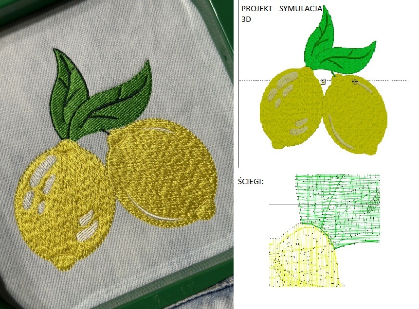 Dwa cytryny z zielonymi listkami, wyhaftowane żółtą nicią na jasnoniebieskim materiale, obok wizualizacja 3D projektu i schemat ściegów.