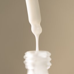 suzanephoto - Kropla białego serum z pipety opada do butelki, delikatne tło w odcieniach beżu.