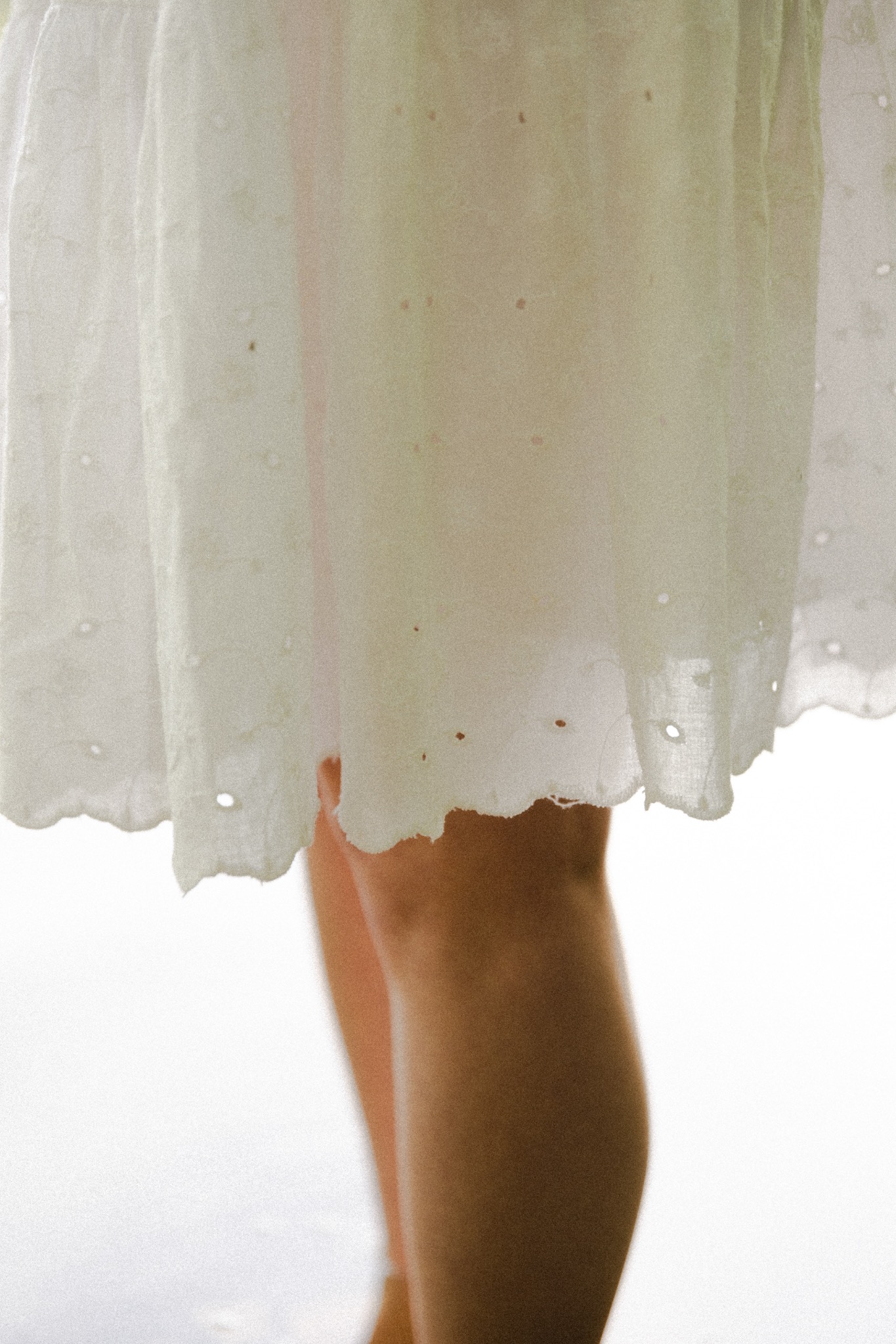 Fragment sukienki z haftem angielskim i fragment nóg modelki na jasnym tle.