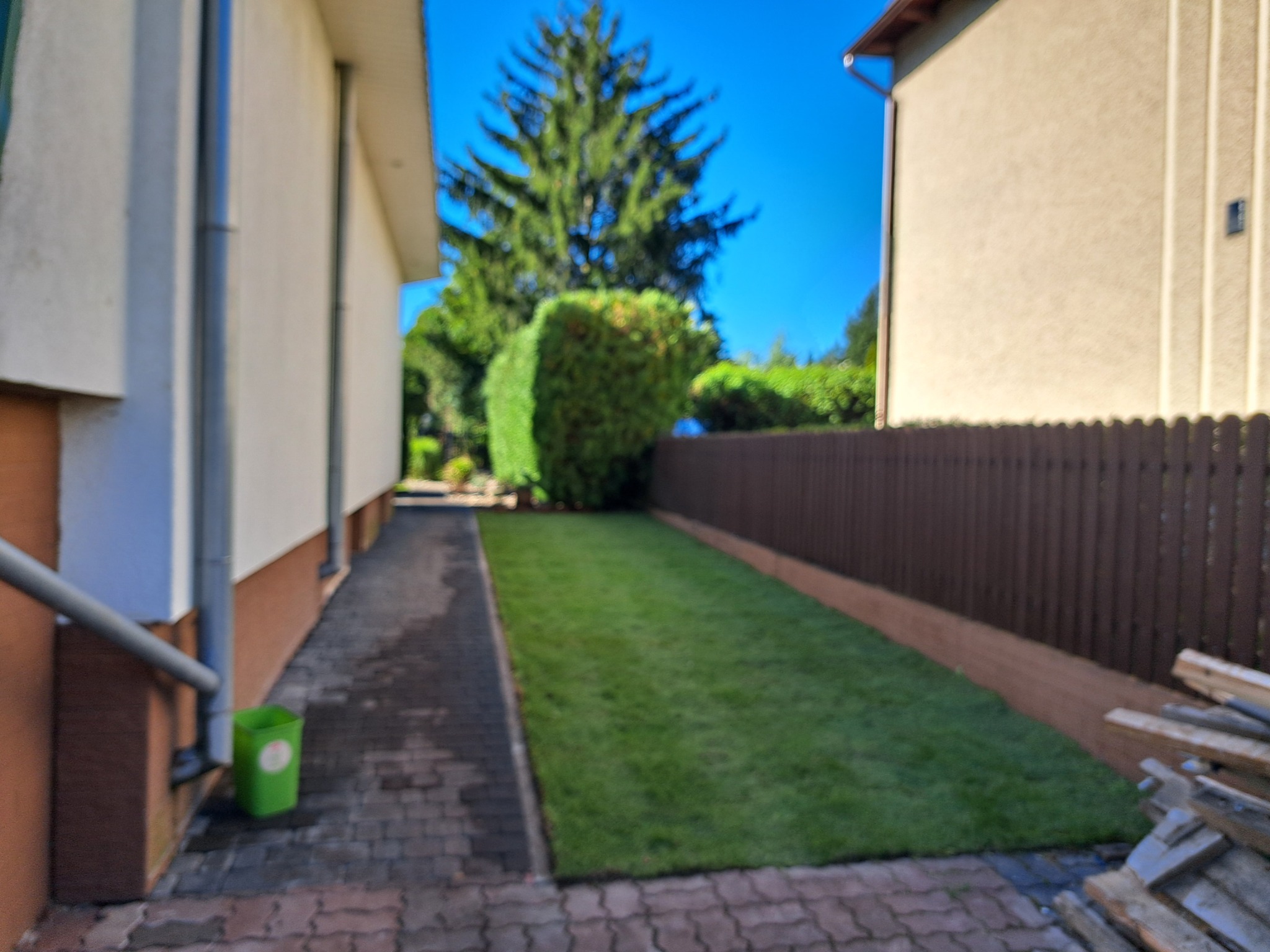 Świeżo ułożona trawa z rolki między budynkiem a ogrodzeniem, z widocznymi deskami i zielonym koszem. Błękitne niebo i zieleń drzew w tle.