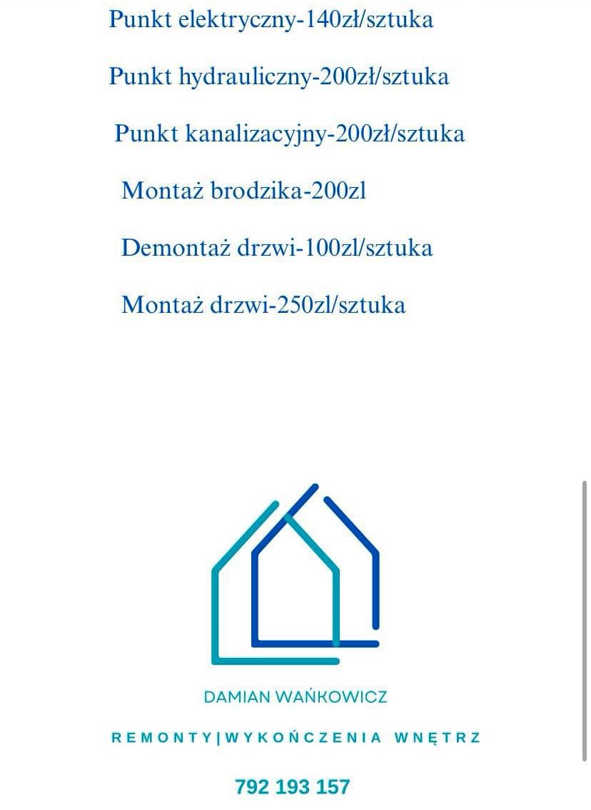 Cennik usług remontowych z logo firmy Damian Wańkowicz, obejmujący punkty elektryczne, hydrauliczne, kanalizacyjne, montaż brodzika oraz demontaż i montaż drzwi, z podanym numerem telefonu.