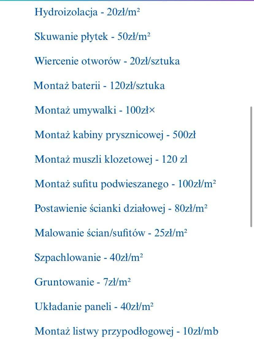 Cennik usług remontowych: hydroizolacja, skuwanie płytek, wiercenie otworów, montaż baterii, umywalki, kabiny prysznicowej, muszli klozetowej, sufitu podwieszanego, ścianki działowej, malowanie...