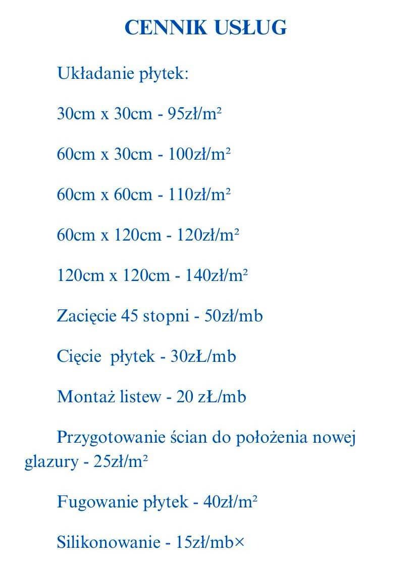 Cennik usług glazurniczych w Jarosławiu, zawierający ceny za układanie płytek o różnych wymiarach, cięcie, montaż listew, przygotowanie ścian, fugowanie i silikonowanie.