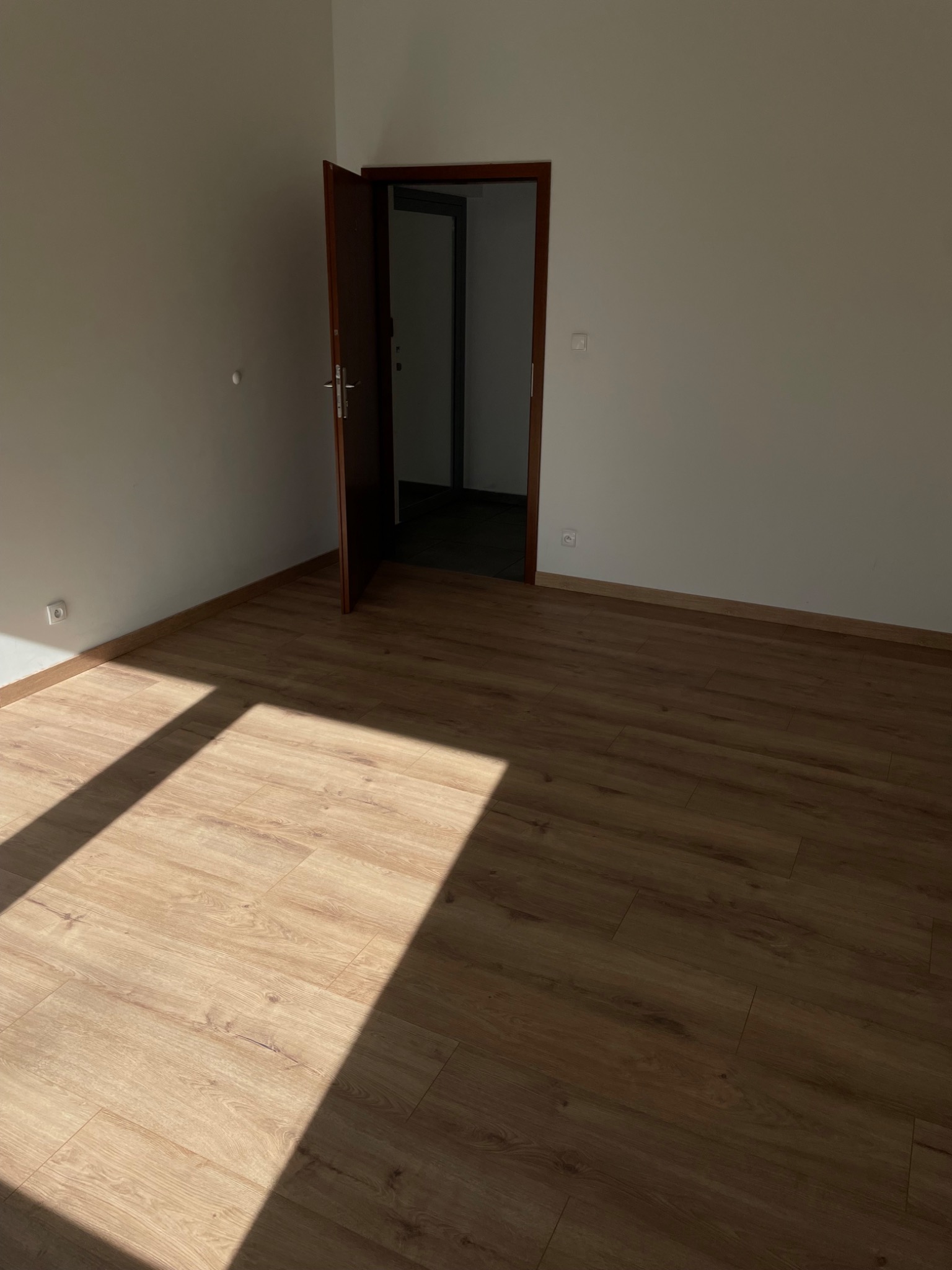 Pusty pokój z panelami podłogowymi w odcieniach brązu, z otwartymi, ciemnymi drzwiami w głębi, ściany pomalowane na jasny kolor, oświetlone wpadającym światłem słonecznym tworzącym wyraźny cień...