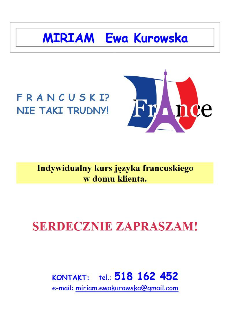 Ogłoszenie o indywidualnym kursie języka francuskiego z wieżą Eiffla w barwach flagi Francji, kontakt telefoniczny i adres e-mail.