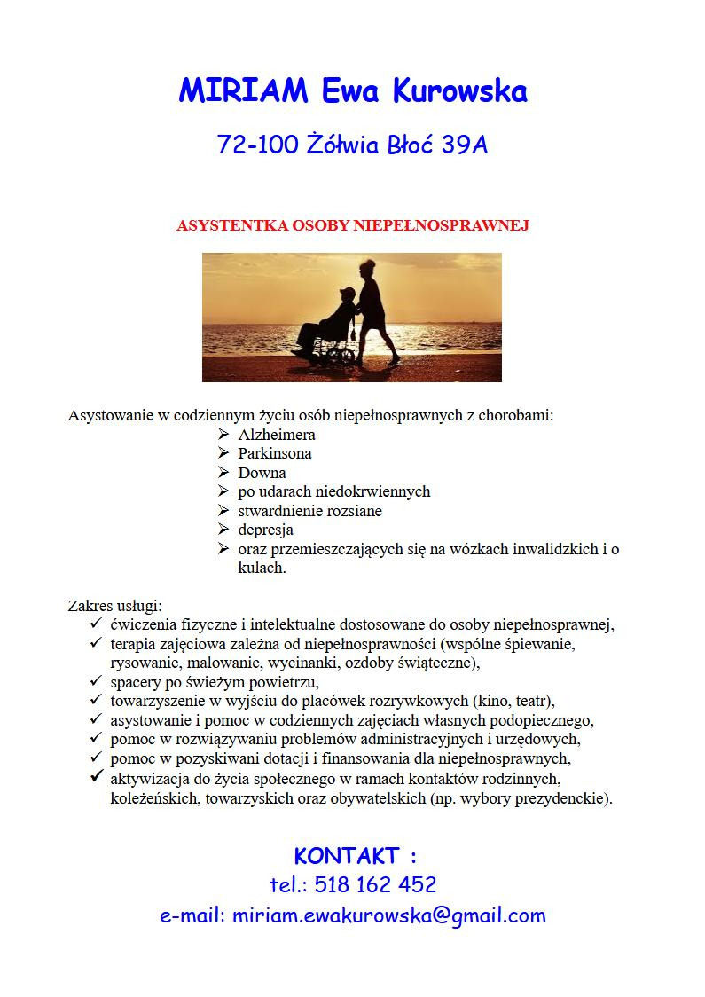 Ulotka informacyjna asystentki osoby niepełnosprawnej, z sylwetkami osoby na wózku i opiekuna na tle zachodzącego słońca nad morzem, zawiera listę usług i dane kontaktowe.