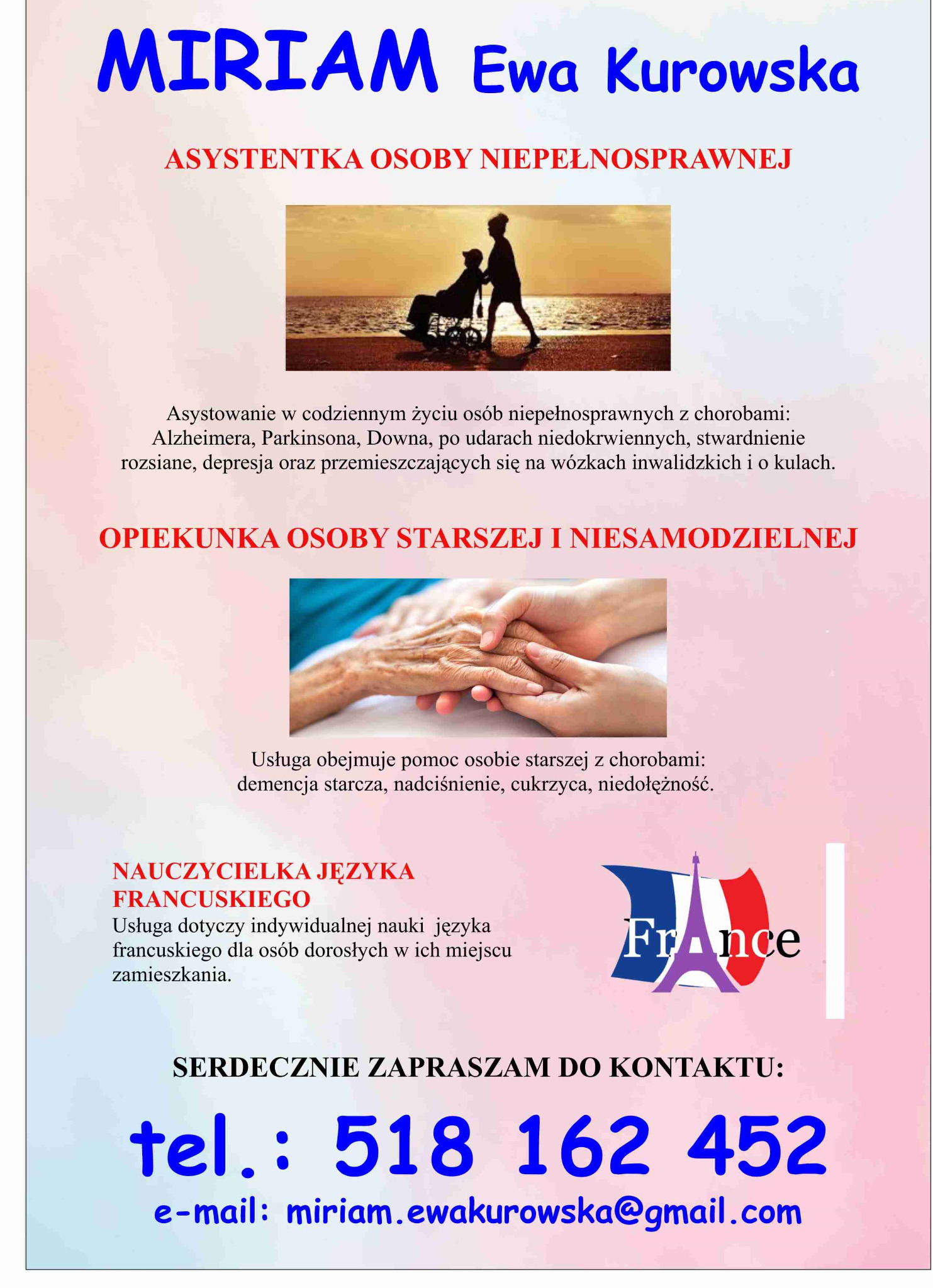 Ulotka reklamowa usług opieki i nauki języka francuskiego: asystentka osoby niepełnosprawnej, opiekunka osoby starszej i nauczycielka języka francuskiego, z danymi kontaktowymi.