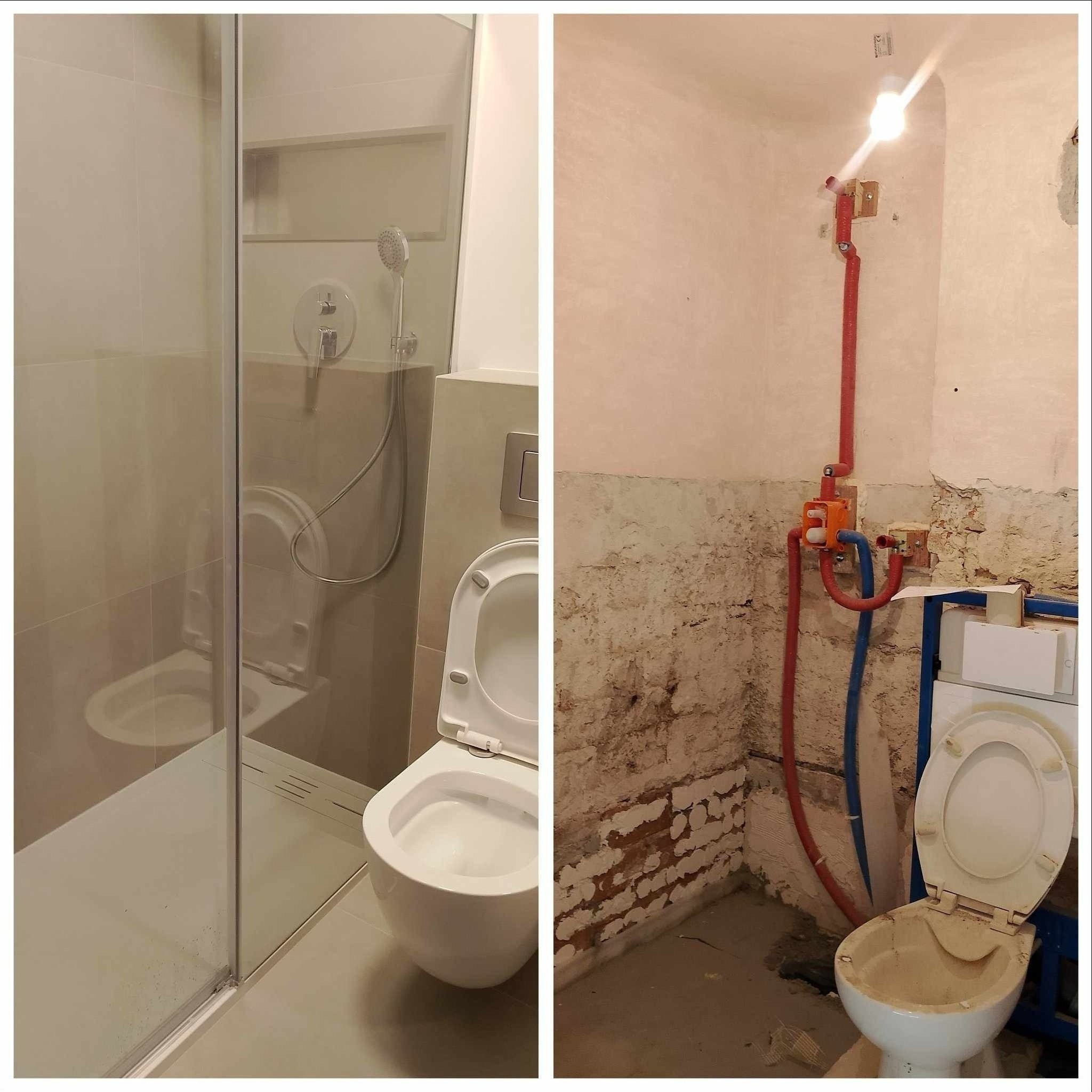 Porównanie stanu łazienki przed i po: po lewej stronie wykończona kabina prysznicowa z zamontowaną toaletą, po prawej surowe ściany z widocznymi instalacjami wodnymi i brudną toaletą.