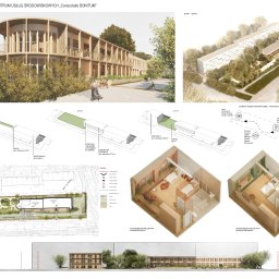 Remigiusz Cieśliński architekt - Projekt koncepcyjny centrum usług środowiskowych Consociatio Bonitum, wizualizacja budynku z drewnianą fasadą, schemat etapowania, aksonometrie mieszkań jedno i dwuosobowych, plan zagospodarowania...