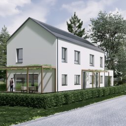 Remigiusz Cieśliński architekt - Wizualizacja dwukondygnacyjnego domu z szarym dachem i drewnianą pergolą, otoczonego zielenią. Na tarasie widoczna osoba. Nowoczesny styl, jasna elewacja.