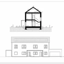 Rysunek techniczny: przekrój pionowy i elewacja frontowa dwukondygnacyjnego domu z garażem, z zaznaczonymi wymiarami i poziomami. Styl architektoniczny minimalistyczny.