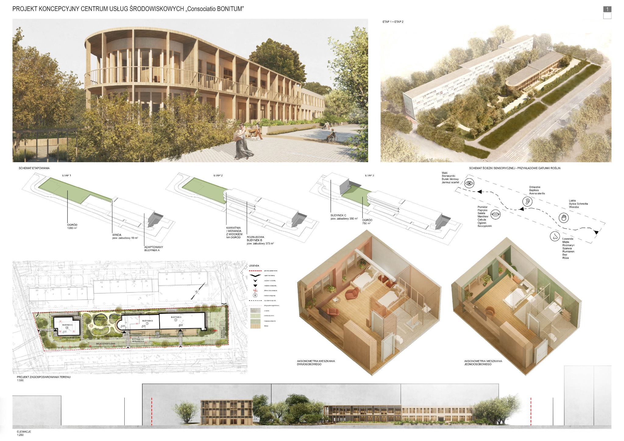Projekt koncepcyjny centrum usług środowiskowych Consociatio Bonitum, wizualizacja budynku z drewnianą fasadą, schemat etapowania, aksonometrie mieszkań jedno i dwuosobowych, plan zagospodarowania...