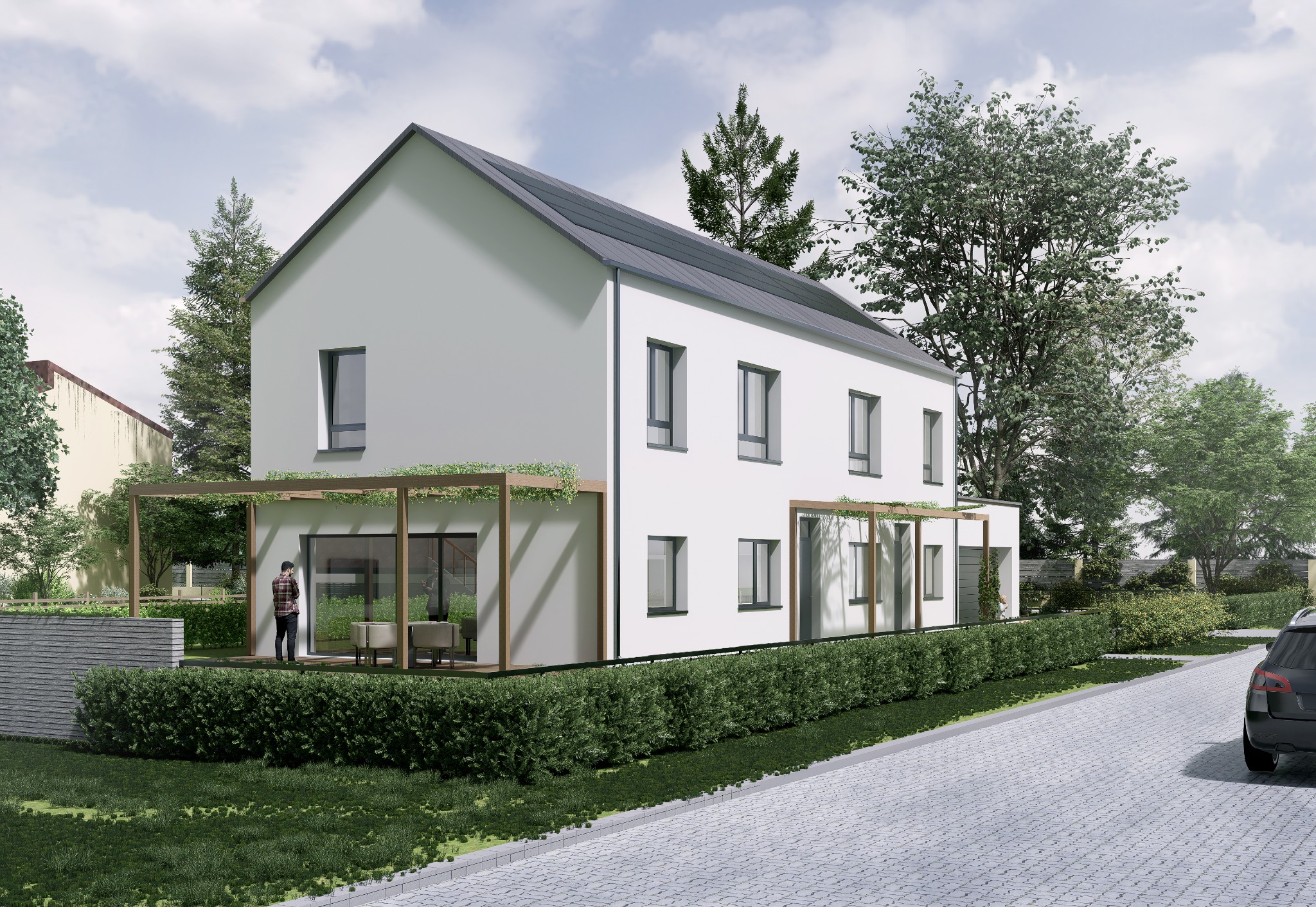 Wizualizacja dwukondygnacyjnego domu z szarym dachem i drewnianą pergolą, otoczonego zielenią. Na tarasie widoczna osoba. Nowoczesny styl, jasna elewacja.