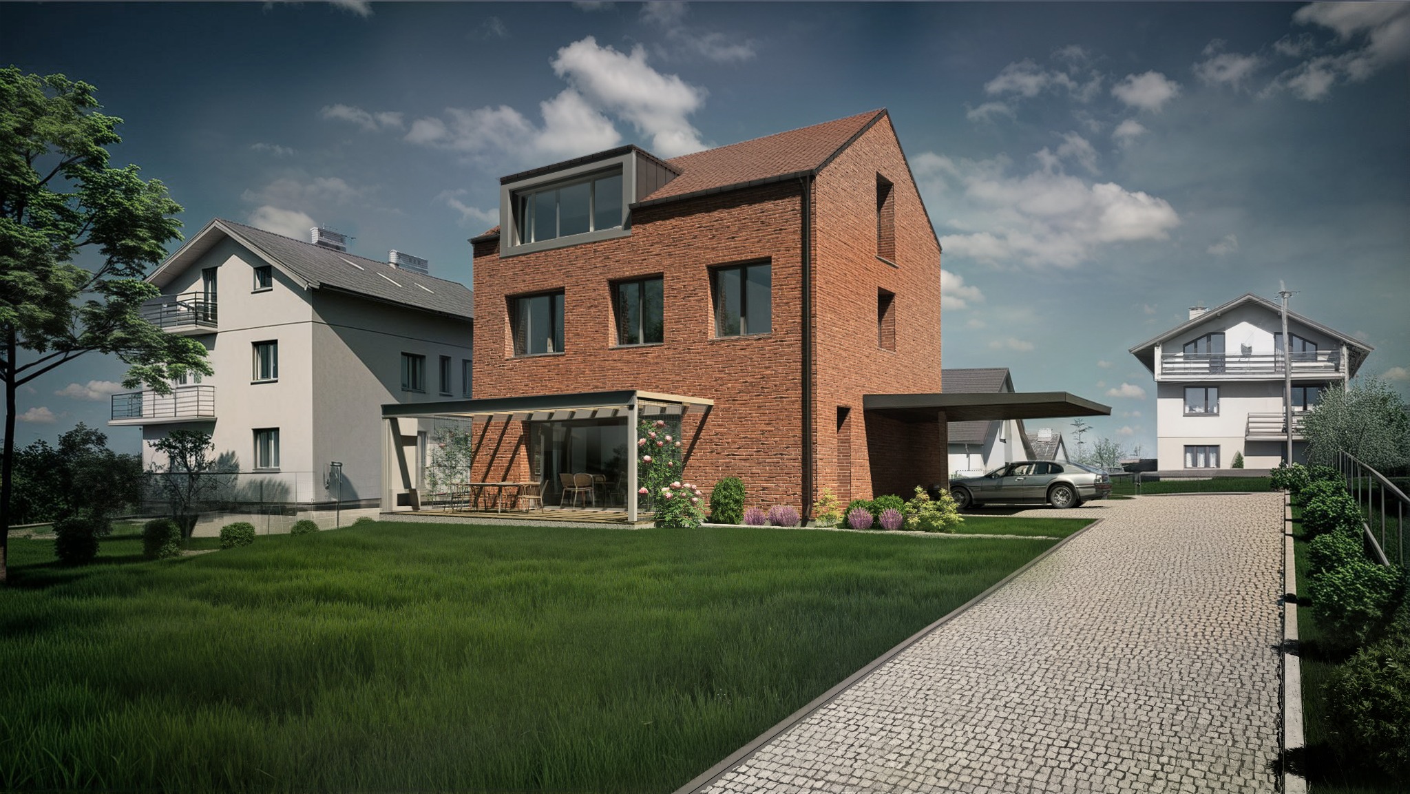 Wizualizacja nowoczesnego domu z cegły z przeszkloną werandą i wiatą na samochód, otoczonego zielonym trawnikiem i brukowaną ścieżką. W tle inne budynki.