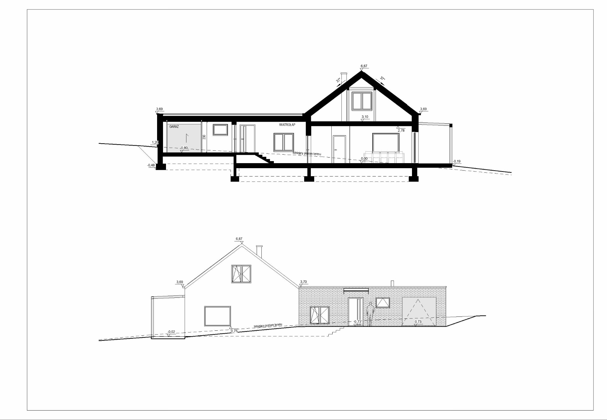 Przekrój i elewacja domu (w budowie)