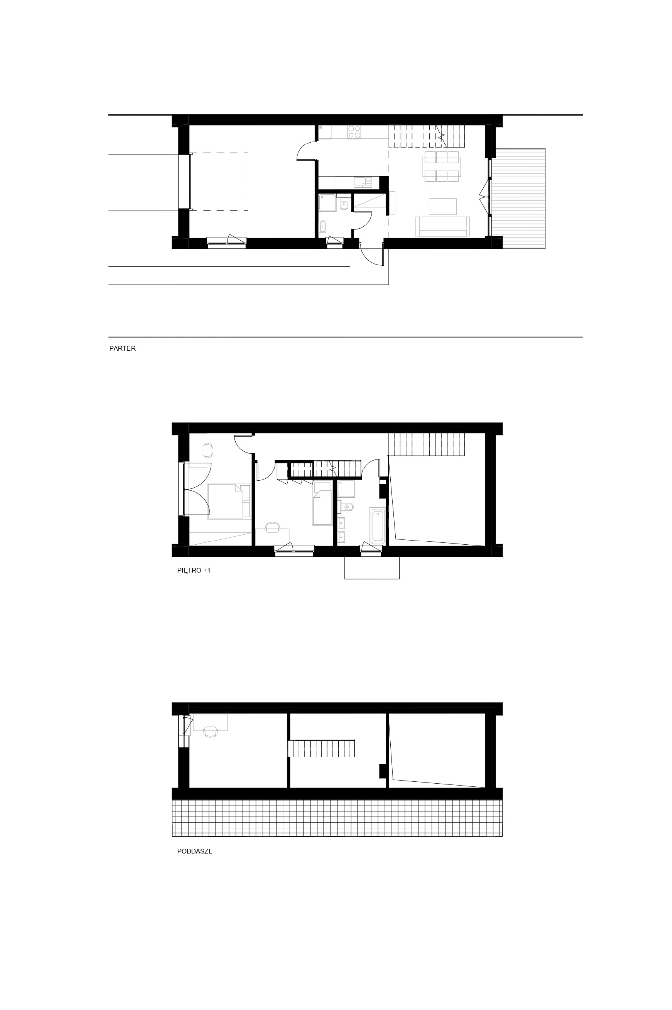 Rzut architektoniczny domu, prezentujący układ pomieszczeń na parterze, piętrze i poddaszu. Czarno-biały schemat z opisami poziomów.