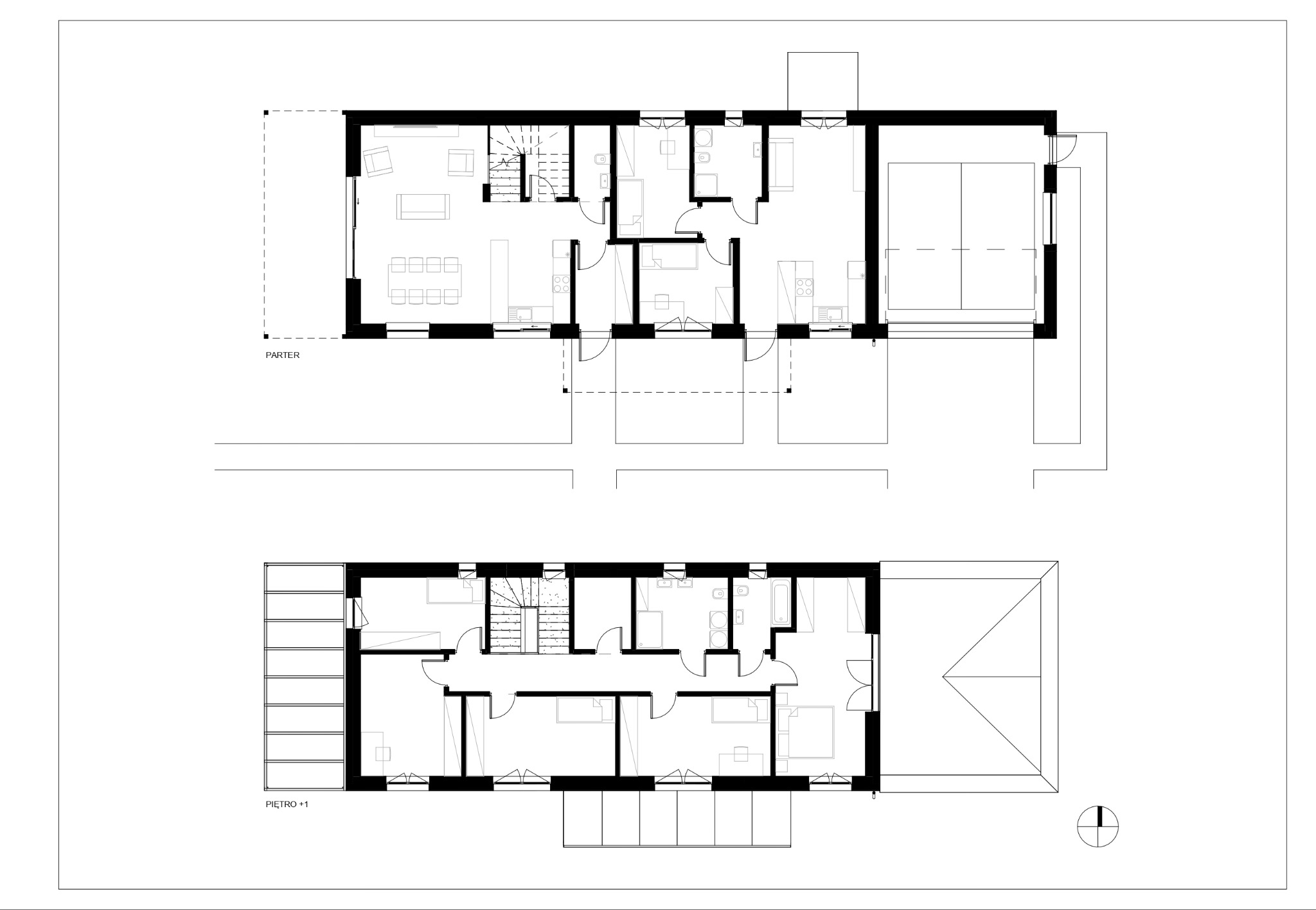 Rzut architektoniczny domu jednorodzinnego, prezentujący parter i piętro, z zaznaczonym układem pomieszczeń, meblami i elementami wyposażenia.
