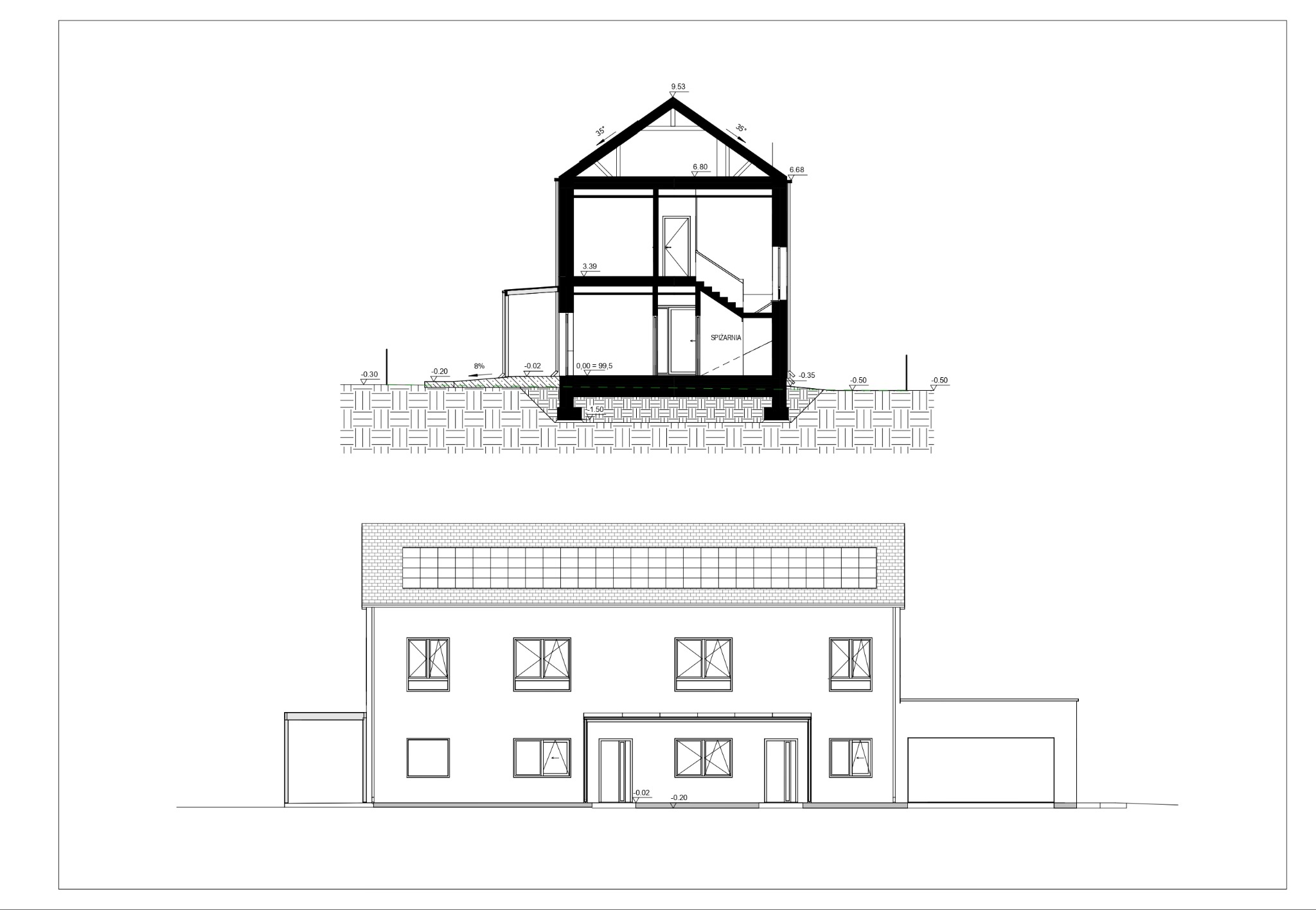 Rysunek techniczny: przekrój pionowy i elewacja frontowa dwukondygnacyjnego domu z garażem, z zaznaczonymi wymiarami i poziomami. Styl architektoniczny minimalistyczny.