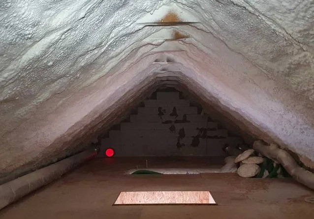 Poddasze ocieplone pianką PUR, widoczne krokwie i skosy pokryte grubą warstwą piany, na podłodze otwór rewizyjny i czerwona lampka ostrzegawcza.