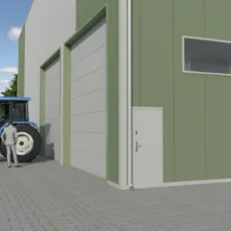 Nowoczesna hala magazynowa z zielono-białą elewacją panelową, z dwoma bramami segmentowymi i oknem, obok stoi niebieski ciągnik rolniczy New Holland TM-120, a mężczyzna w garniturze idzie w jego...