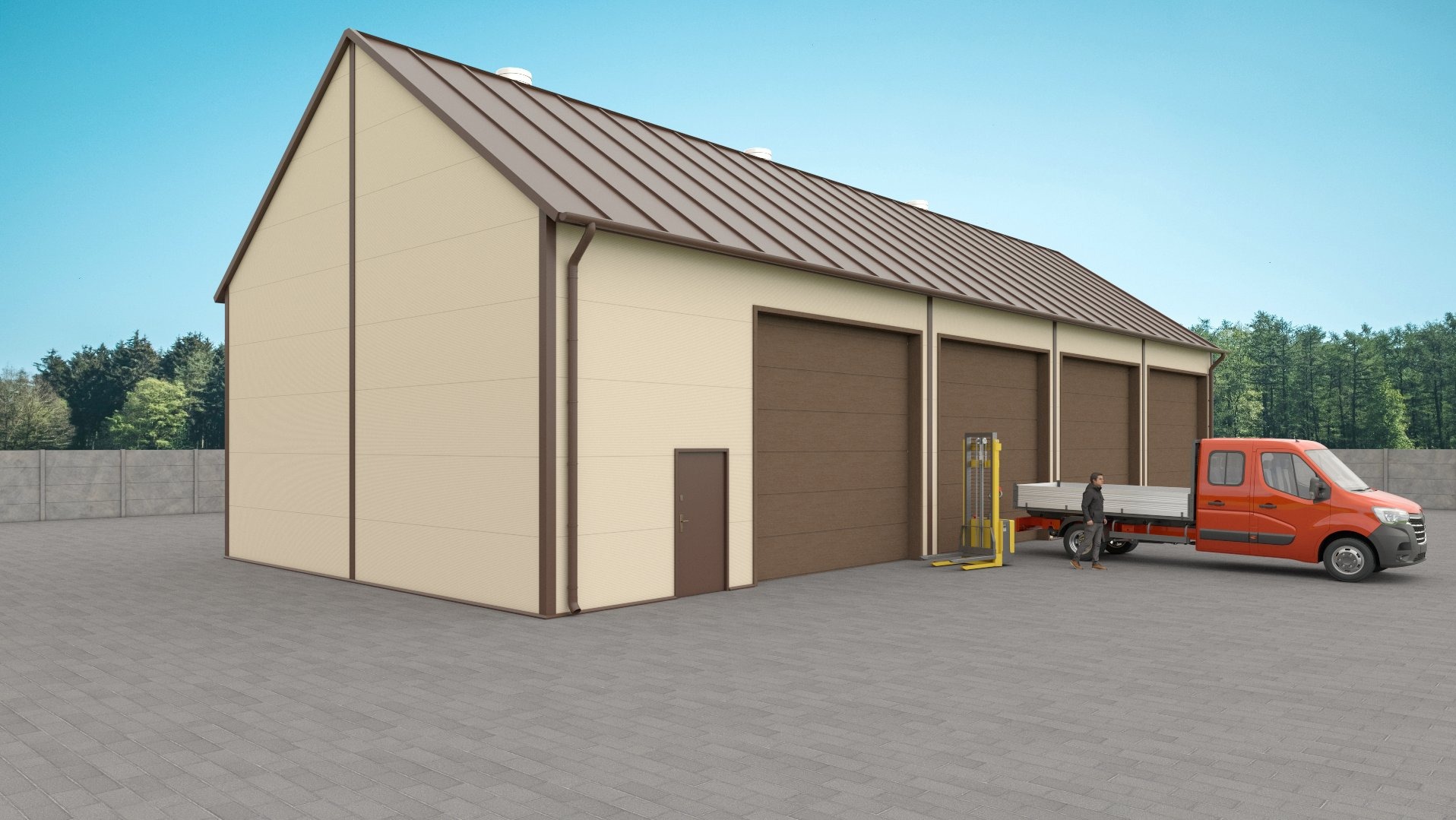 Nowoczesna hala z beżowymi panelami ściennymi i brązowym dachem, z trzema bramami w kolorze brązowym, czerwony samochód dostawczy z podnośnikiem hydraulicznym obok, na szarym brukowanym placu.