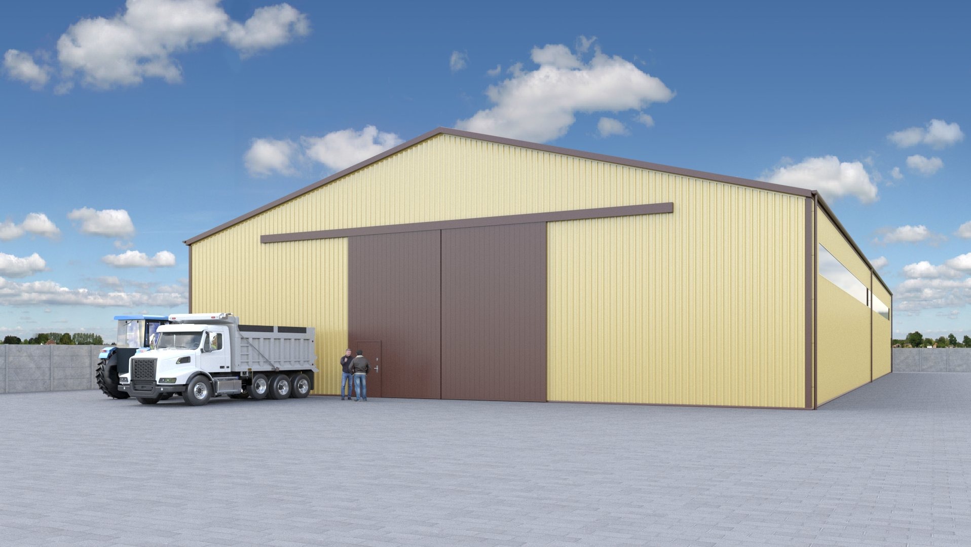 Wizualizacja hali magazynowej z przesuwnymi drzwiami w kolorze brązowym, obok zaparkowany ciągnik i wywrotka, na tle błękitnego nieba z chmurami, z dwoma osobami stojącymi przy drzwiach.