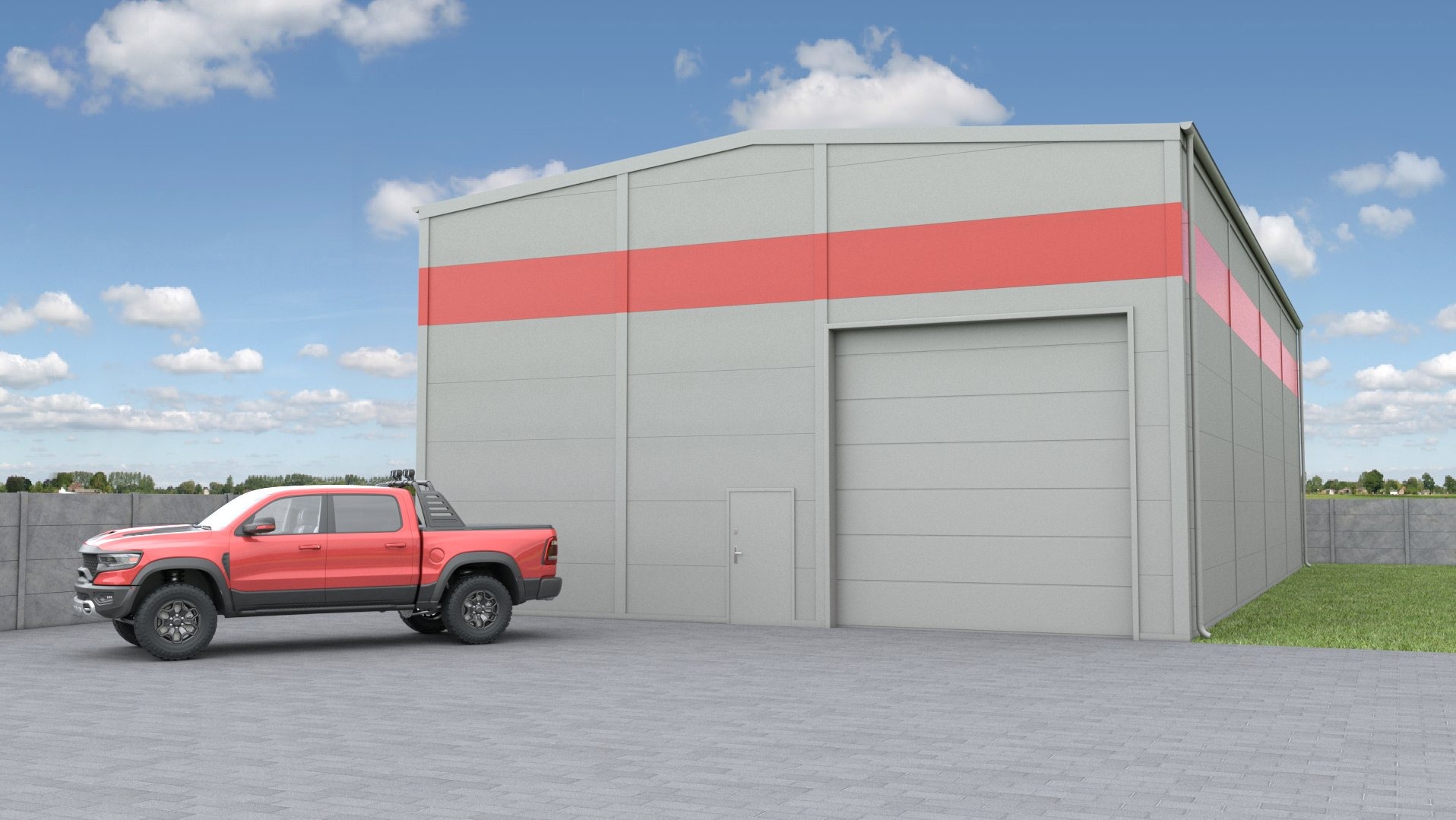 Szara hala magazynowa z czerwoną linią wzdłuż elewacji, zaparkowany czerwony pickup na kostce brukowej, błękitne niebo z chmurami w tle.