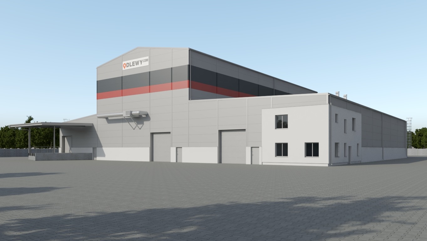 Wizualizacja hali magazynowej z szarej blachy trapezowej z logo firmy odlewniczej, trzema bramami wjazdowymi i częścią biurową z białymi ścianami oraz oknami, na pierwszym planie szara kostka brukowa.
