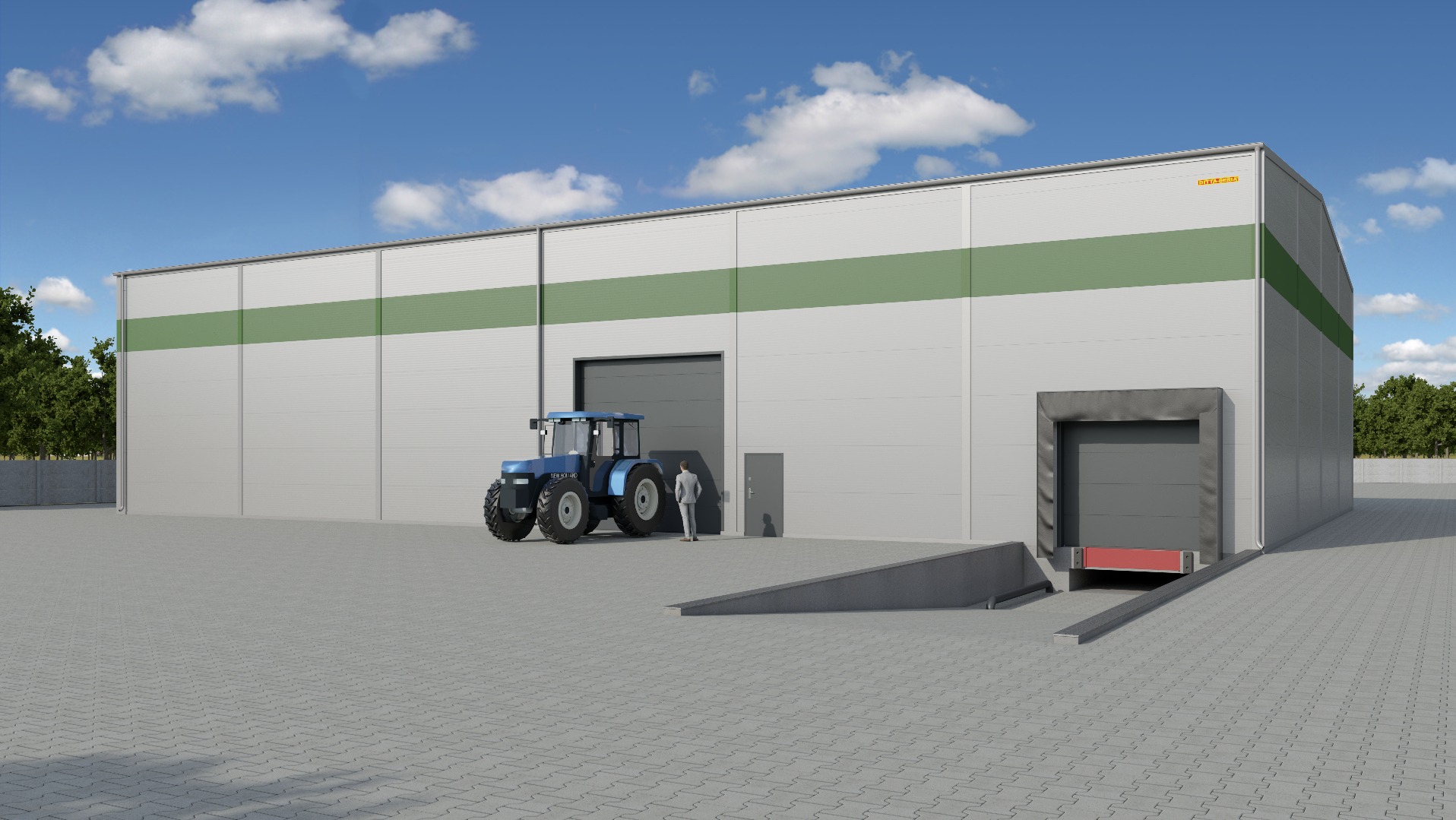 Nowoczesna hala magazynowa z szarymi panelami i zielonym pasem, z rampą załadunkową, zaparkowanym niebieskim traktorem i postacią w garniturze przy drzwiach wejściowych.