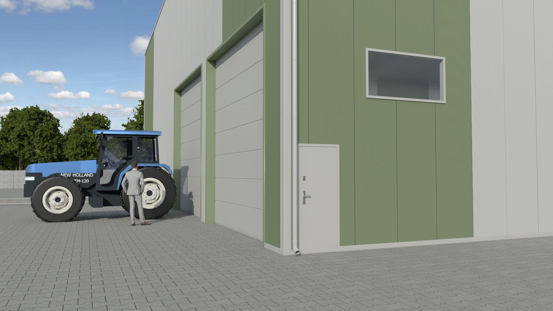 Nowoczesna hala magazynowa z zielono-białą elewacją panelową, z dwoma bramami segmentowymi i oknem, obok stoi niebieski ciągnik rolniczy New Holland TM-120, a mężczyzna w garniturze idzie w jego...