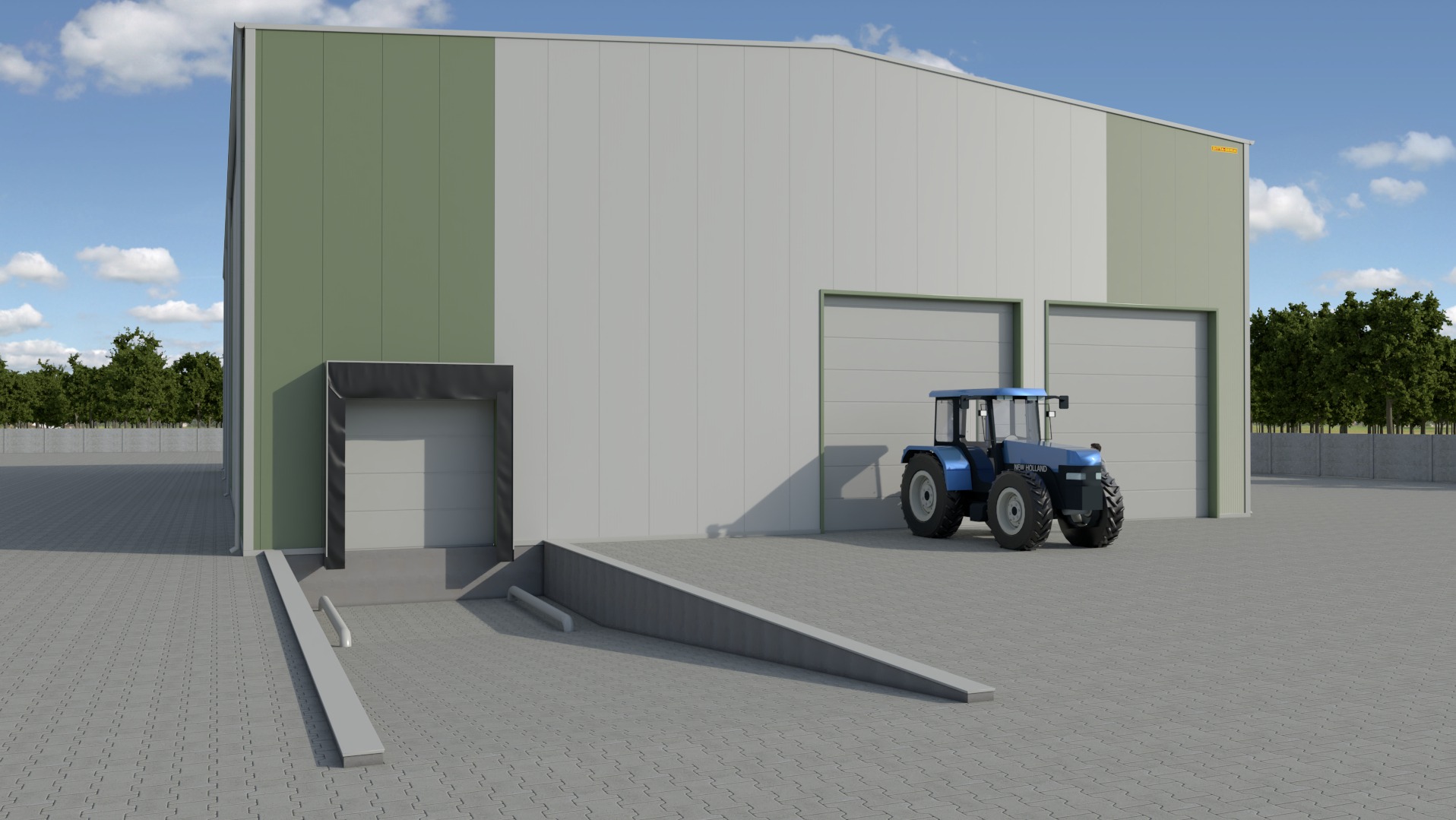 Nowoczesna hala magazynowa z rampą załadunkową i niebieskim traktorem New Holland na zewnątrz, widok z boku.