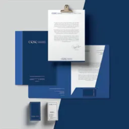 Zestaw materiałów firmowych w odcieniach granatu i bieli, zawierający wizytówki, papier firmowy z sygnaturą, teczki ofertowe i notes, ułożone na dwukolorowym tle.