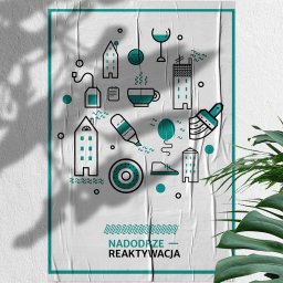 IMAGENCY Sp. z o.o. - Plakat reklamowy 'Nadodrze - Reaktywacja' we Wrocławiu, z minimalistycznymi ikonami przedstawiającymi budynki, filiżankę, pędzel i inne elementy, umieszczony na pomarszczonej powierzchni z cieniem...
