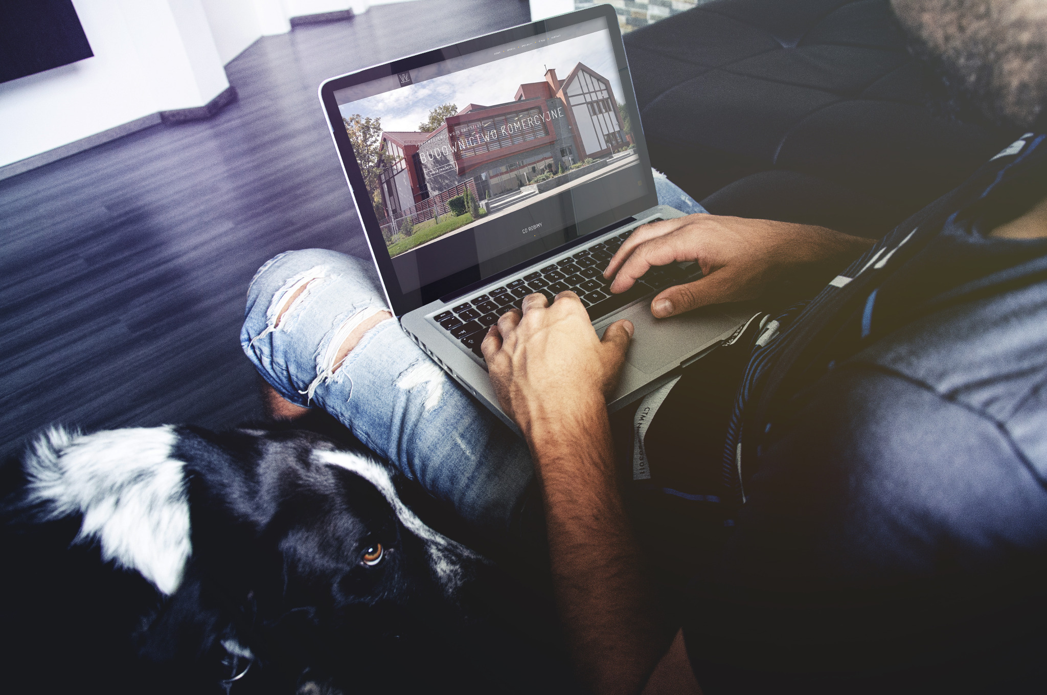 Mężczyzna w podartych jeansach pracuje na laptopie, na ekranie widoczna strona internetowa z wizualizacją budynku komercyjnego, obok leży pies rasy border collie.