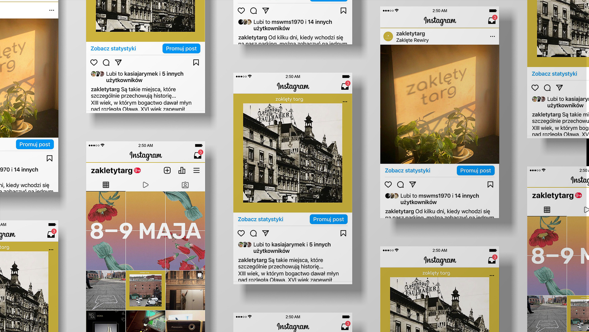 Zrzuty ekranu z Instagrama profilu firmy, prezentujące posty z logo i zdjęciami architektury miejskiej w stonowanych kolorach.